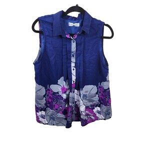 Jon & Anna Womens L Blue Floral Sleeveless Button Up Blouse